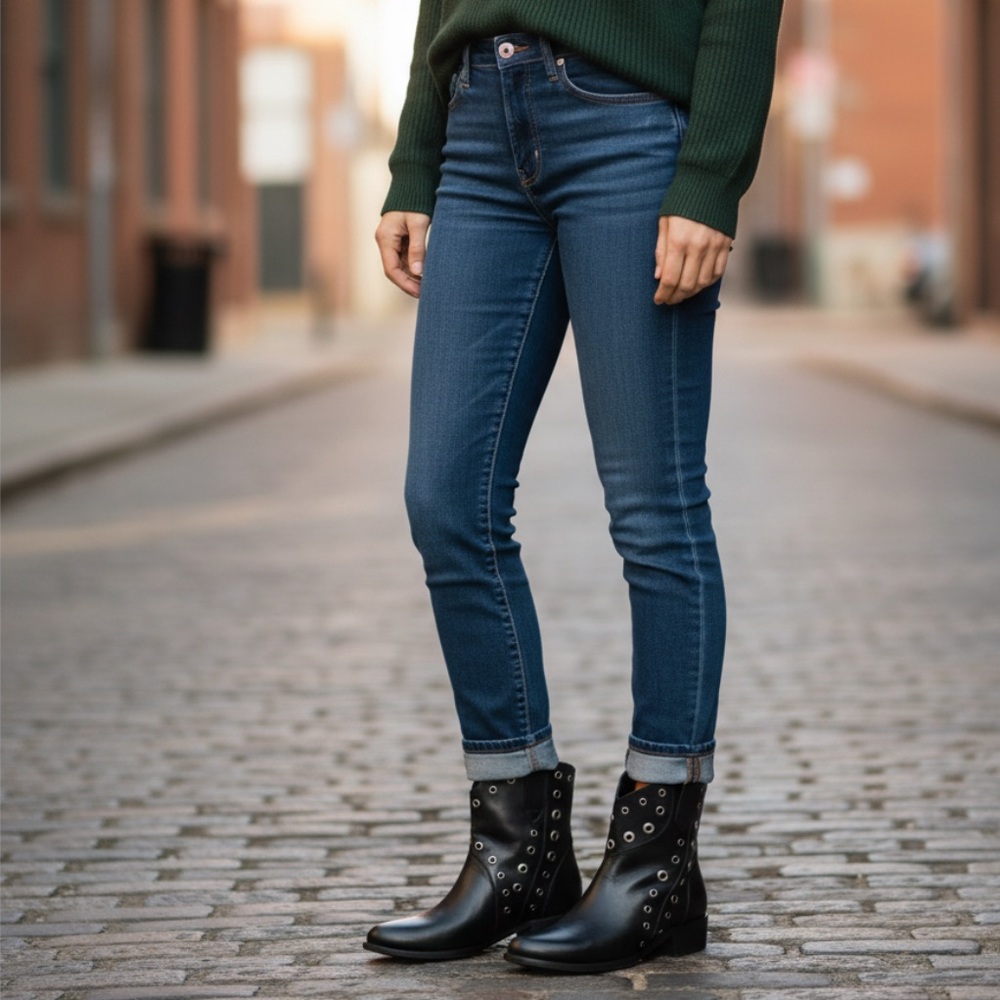 Frye Diana Grommet Black Leather Studded Short Moto Pull On Western Ankle Boots - Picture 5 of 14